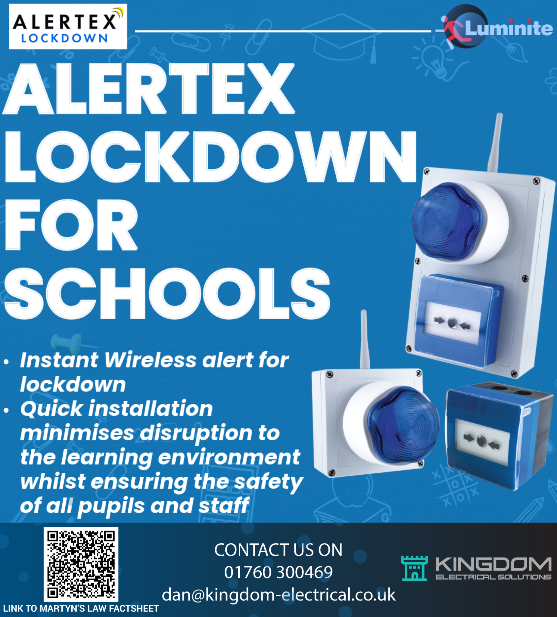 AlertEx Lockdown for Schools banner with system information and contact details