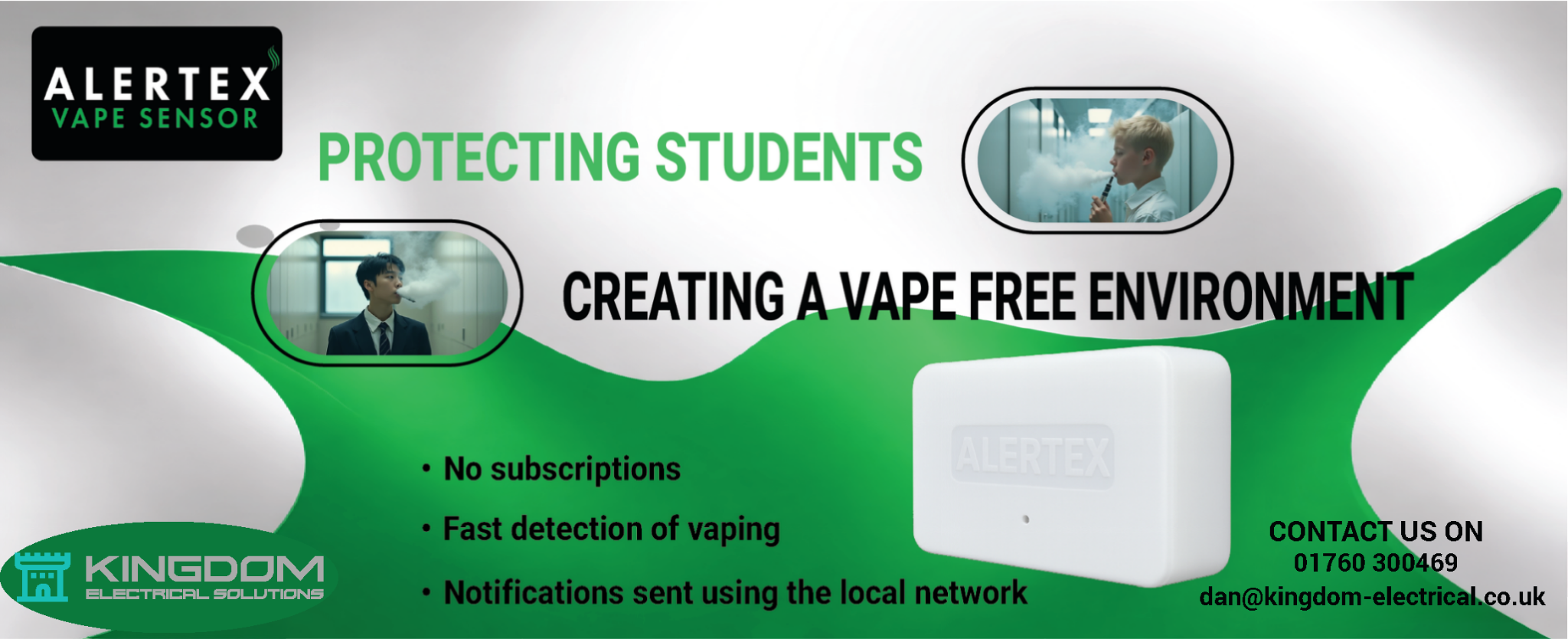 AlertEx Vape Sensor banner with key features and contact details